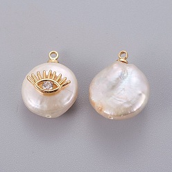 Golden Natural Cultured Freshwater Pearl Pendants, with Brass Micro Pave Cubic Zirconia Cabochons, Nuggets with Eye, Clear, Golden, 14~28x12~22x5~12mm, Hole: 1.2mm
