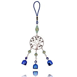 Blue Alloy Flat Round with Tree of Life Pendant Decorations, Evil Eye and Bell Car Hanging Decoration, Blue, 275x55mm
