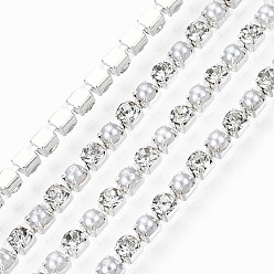 Silver Brass Rhinestone Strass Chains, with ABS Plastic Imitation Pearl, Rhinestone Cup Chains, with Spool, Crystal, Silver, SS6.5(2~2.1mm), 2~2.1mm, about 10yards/roll(9.14m/roll)