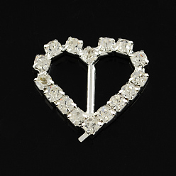 Cristal Corazón brillante de la boda invitación de la cinta hebillas, hebillas de diapositivas de vestido de diamantes de imitación de color plateado de latón plateado, cristal, 12x13x2 mm, agujero: 6x4 mm
