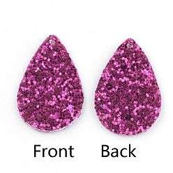 Magenta PU Leather Pendants, with Sequins, teardrop, Magenta, 39x25x2mm, Hole: 1.5mm
