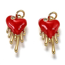 Real 18K Gold Plated Brass Micro Pave Clear Cubic Zirconia Pendants, Long-Lasting Plated, with Jump Rings & Red Enamel, Heart, Real 18K Gold Plated, 17x9x3.5mm, Hole: 2.5mm