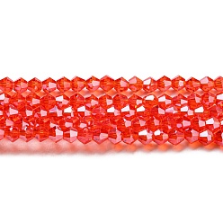 Roja Transparentes cuentas de vidrio electroplate hebras, lustre de la perla chapado, facetados, bicono, rojo, 4x4 mm, agujero: 0.8 mm, sobre 87~98 unidades / cadena, 12.76~14.61 pulgada (32.4~37.1 cm)