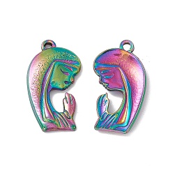 Rainbow Color Placage ionique (ip) 304 pendentifs en acier inoxydable, charmes de prière féminins, couleur arc en ciel, 25x13.5x3mm, Trou: 1.6mm