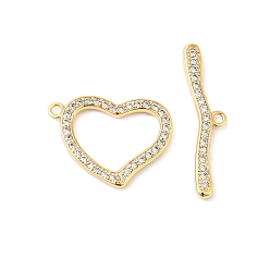 Real 18K Gold Plated Brass Micro Pave Clear Cubic Zirconia Toggle Clasps, Heart, Real 18K Gold Plated, Heart: 17x22.5x2mm, Hole: 1.6mm, Bar: 7x29.5x2.5, Hole: 1.6mm