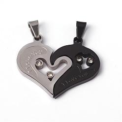 Gunmetal & Stainless Steel Color 304 Stainless Steel Pendants, Split Heart, with Rhinestones and Word I Love You, For Valentine's Day, Gunmetal & Stainless Steel Color, 25x30x3mm, Hole: 3.5x7mm