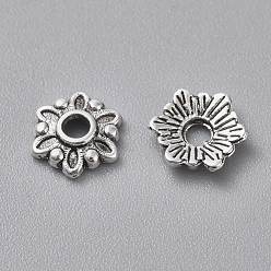 Antique Silver Tibetan Style Caps, Cadmium Free & Lead Free, Flower, Antique Silver, 7x7x2mm, Hole: 1.5mm