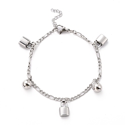 Stainless Steel Color 304 Stainless Steel Charm Bracelets, with Figaro Chains and 201 Stainless Steel Findings, Stainless Steel Color, 7-1/8 inch(18cm)