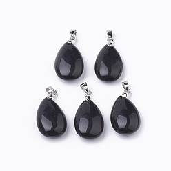 Obsidian Natural Obsidian Gemstone Pendants, with Platinum Tone Brass Findings, teardrop, 23.5x15x8mm, Hole: 4x4mm