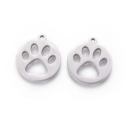 Stainless Steel Color 201 Stainless Steel Pet Pendants, Manual Polishing, Flat Round with Dog Footprint, Stainless Steel Color, 18x16x1.5mm, Hole: 1.2mm