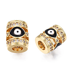 Black Brass Micro Pave Cubic Zirconia Beads, with Enamel, Real 18K Gold Plated, Column with Evil Eye, Nickel Free, Black, 11.5x9.5mm, Hole: 4.5mm