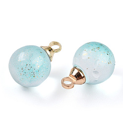 Medium Aquamarine Two Tone Transparent Spray Painted Glass Pendants, with Light Gold Plated Brass Loop, Frosted, with Glitter Powder, Round, Medium Aquamarine, 12x8mm, Hole: 2mm