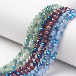 Mixed Color Electroplate Glass Beads Strands, Imitation Jade Beads, Half Plated, Blue Plated, Faceted, Rondelle, Mixed Color, 6x5mm, Hole: 1mm, about 85~88pcs/strand, 16.1~16.5 inch(41~42cm)