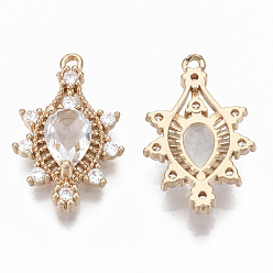 Clear Glass Pendants, with Brass Micro Pave Cubic Zirconia, Faceted, Eye, Light Gold, Clear, 24.5x16.5x6mm, Hole: 1.4mm