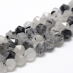Rutilated Quartz Natural Black Rutilated Quartz Beads Strands, Star Cut Round Beads, Faceted, 6~7x5~6mm, Hole: 1mm, about 64~66pcs/strand, 15.3 inch