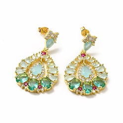 Real 18K Gold Plated Colorful Cubic Zirconia & Rhinestone Teardrop Dangle Stud Earrings, Rack Plating Brass Jewelry for Women, Lead Free & Cadmium Free, Real 18K Gold Plated, 38mm, Pin: 0.8mm