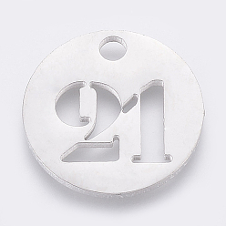 Number 304 Stainless Steel Pendants, Cut-Out, Hollow, Flat Round with Number, Stainless Steel Color, Num.21, 19x1.5mm, Hole: 2.5mm