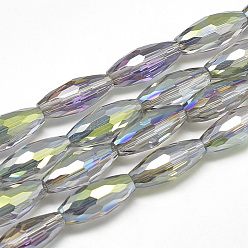 Colorful Electroplate Glass Beads Strands, Rainbow Plated, Faceted, Olive, Colorful, 18x8mm, Hole: 1.5mm, about 39~40pcs/29.3 inch