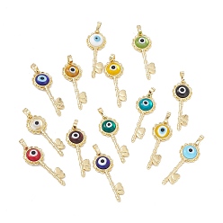 Mixed Color Handmade Evil Eye Lampwork Pendants, with Rack Plating Real 18K Gold Plated Brass Findings, Long-Lasting Plated, Flower Key with Heart, Mixed Color, 33x12x3.5mm, Hole: 4x7mm
