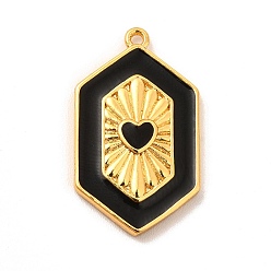 Black Brass Enamel Pendants, Cadmium Free & Lead Fre, Hexagon with Heart Charm, Golden, Black, 23x13.5x2.5mm, Hole: 1.2mm