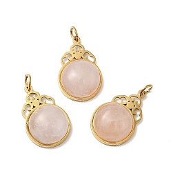 Rose Quartz Flower Natural Rose Quartz Pendants, with Ion Plating(IP) Golden Tone 304 Stainless Steel Findings, Half Round Charm, 18x11x6mm, Hole: 2.7mm