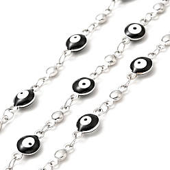 Black Enamel Flat Round with Evil Eye Link Chains, with Stainless Steel Color Plated 304 Stainless Steel Findings, Unwelded, with Spool, Black, 11x6x3mm, 8x3x2mm