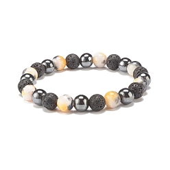 Yellow Natural White Jade & Lava Rock & Synthetic Hematite Round Beaded Stretch Bracelet, Essential Oil Gemstone Jewelry for Women, Yellow, Inner Diameter: 2-1/8 inch(5.5cm)