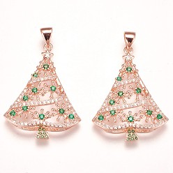 Rose Gold Brass Micro Pave Cubic Zirconia Pendants, Christmas Tree, Green, Rose Gold, 29.5x22.5x4mm, Hole: 3.5x5mm