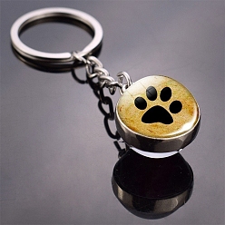 Goldenrod Dog Paw Print Pattern Glass Double-sided Ball Keychains, with Alloy Finding, for Backpack, Keychain Decor, Goldenrod, 8cm