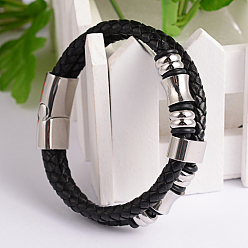 Black Braided Leather Cord Bracelets, with Stainless Steel Clasps, Black, 210mm