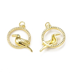 Golden Brass Micro Pave Cubic Zirconia Bird Pendants, with Jump Ring, Ring with Toucan Charm, Golden, 21x22.5x4mm, Hole: 3mm