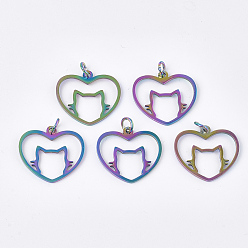 Rainbow Color Ion Plating(IP) 201 Stainless Steel Filigree Kitten Pendants, with Jump Rings, Heart with Cat Shape, Rainbow Color, 17x20x1mm, Jump Ring: 5x0.8mm, Inner Diameter: 3mm