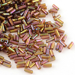 Indian Red AB Color Plated Glass Bugle Beads, Transparent Colours Rainbow, Indian Red, 6x2mm, Hole: 1mm, about 450g/bag, about 10000pcs/bag