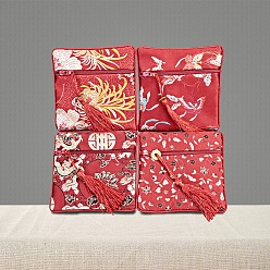 Brique Rouge Sac en tissu à fermeture éclair double couche, sac de rangement de bijoux de style chinois pour accessoires de bijoux, motif aléatoire, firebrick, 11.5x11.5 cm