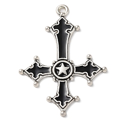 Cross Alloy Pendants, with Black Enamel, Antique Silver, Cross with Star Charm, 53.5x38.5x2.5mm, Hole: 2.5mm