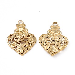 Real 18K Gold Plated Ion Plating(IP) 304 Stainless Steel Pendants, Heart Bottle with Flower Charm, Real 18K Gold Plated, 28x20.5x2.5mm, Hole: 3mm