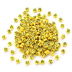 Champagne Yellow Opaque Acrylic Beads, Flat Round with Black Random Expression, Champagne Yellow, 7x4mm, Hole: 1.6mm, 200pcs/set