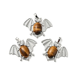 Tiger Eye Natural Tiger Eye Pendants, with Platinum Tone Brass Findings, Lead Free & Cadmium Free, Bat Charms, 32x43x8mm, Hole: 5x8mm