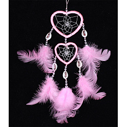 Pink Feather Pendant Decoration with Natural Shell Beaded, Woven Net/Web with Feather, Art Hanging Decors for Garden Window Party, Pink, 350~400mm