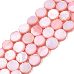 Saumon Clair Chapelets de perles en coquille eau douce , teint, plat rond, saumon clair, 8x2.5~3.5mm, Trou: 0.8mm, Environ 50~51 pcs/chapelet, 15.35 pouces~15.75 pouces (39cm~40cm)