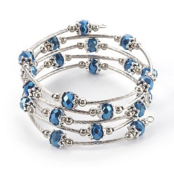 Blue Plated Electroplate Glass Wrap Bracelets, 5-Loop, with Metal Findings, Blue Plated, 2-1/8 inch(5.3cm)