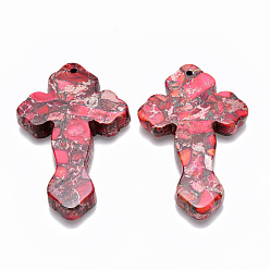 Rose Foncé Grands pendentifs en jaspe impérial synthétique, teint, croix, rose foncé, 60~61.5x38~39.5x7~8mm, Trou: 1.8mm