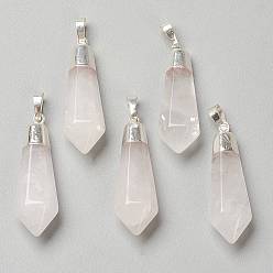 Quartz Crystal Natural Quartz Crystal Pendants, Rock Crystal Pendants, with Silver Brass Findings, Faceted, Bullet, 40x12x11mm, Hole: 7x5mm