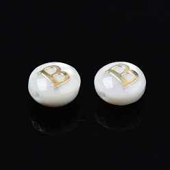 Letter B Natural Freshwater Shell Beads, with Golden Plated Brass Etched Metal Embellishments, Flat Round with Letter, Seashell Color, Letter.B, 6x4mm, Hole: 0.8mm