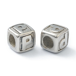 Letter P 304 acier inoxydable perles européennes, Perles avec un grand trou   , trou horizontal, cube avec la lettre, couleur inox, letter.p, 8x8x8mm, Trou: 4mm
