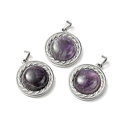 Amethyst Natural Amethyst Pendants, with Stainless Steel Color Tone 304 Stainless Steel Findings, Half Round Charm, 24.5x21x8mm, Hole: 3x6mm