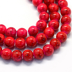 Roja Vidrio pintado hornear hebras de perlas redondo, rojo, 8.5~9 mm, agujero: 1.5 mm, sobre 105 unidades / cadena, 31.8 pulgada