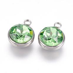 Light Green K9 Glass Rhinestone Pendants, August Birthstone Charms, with 304 Stainless Steel Findings, Flat Round, Light Green, 18x14x9mm, Hole: 2.5mm