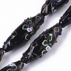 Noir Brins de perles au chalumeau de sable d'or faites à la main, cahoteuse, riz avec motif de fleurs, noir, 45~47.5x14.5~15.5mm, Trou: 1.5mm, Environ 10 pcs/chapelet, 17.72 pouce