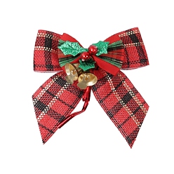 Fuego Ladrillo Bowknot de patrón de tartán de lino con decoración colgante de campana, para adornos colgantes de árboles de navidad, ladrillo refractario, 80x80 mm